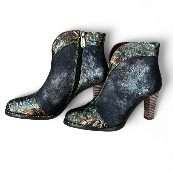 L'ARTISTE SPRING STEP Eleni Black Metallic Embossed Leather Bootie size 37EU - Picture 11 of 13